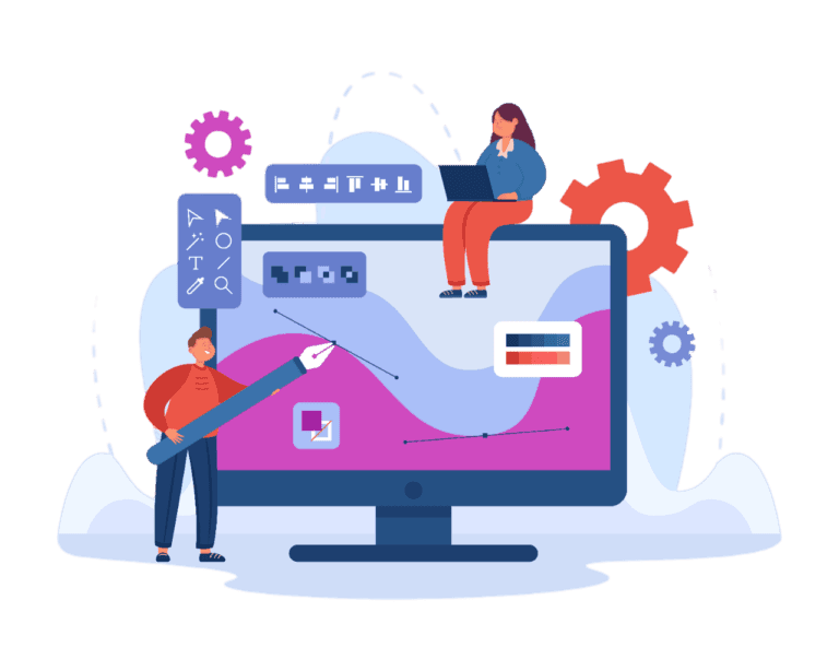 Illustrazione di un piccolo graphic designer al lavoro