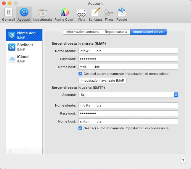 Impostazioni del server IMAP e SMTP con le relative porte su Mail Mac