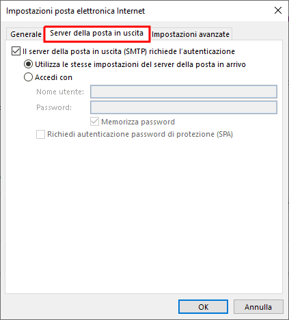 Impostazione dell'autenticazione del server SMTP nella sezione posta in uscita di Outlook