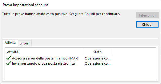 Test di verifica della configurazione dell'account completati con successo in Outlook