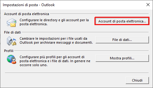 Opzione Account di posta elettronica nel riquadro di gestione profili di Outlook