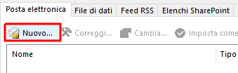Pulsante Nuovo per aggiungere un account di posta elettronica in Outlook