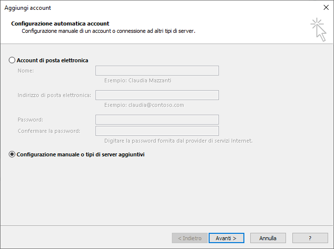 Selezione di Configurazione manuale o tipi di server aggiuntivi in Outlook