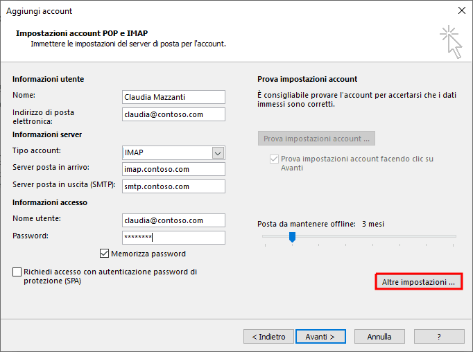Inserimento dei parametri dell'account e accesso ad Altre impostazioni in Outlook