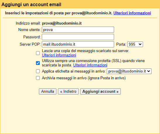 Selezione dell'opzione Importa le email dal mio altro account POP3 in Gmail